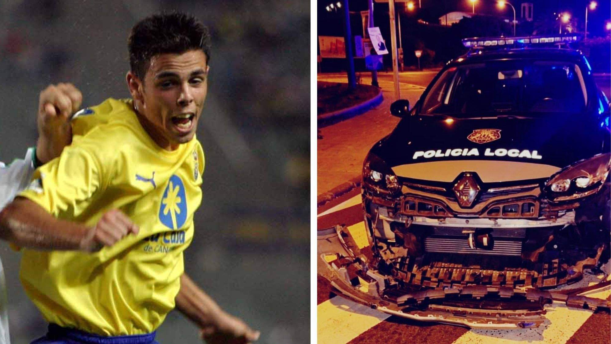 Carmelo González, en su etapa como jugador de la UD Las Palmas, y el estado en el que quedó el coche de la Policía Local. / AH
