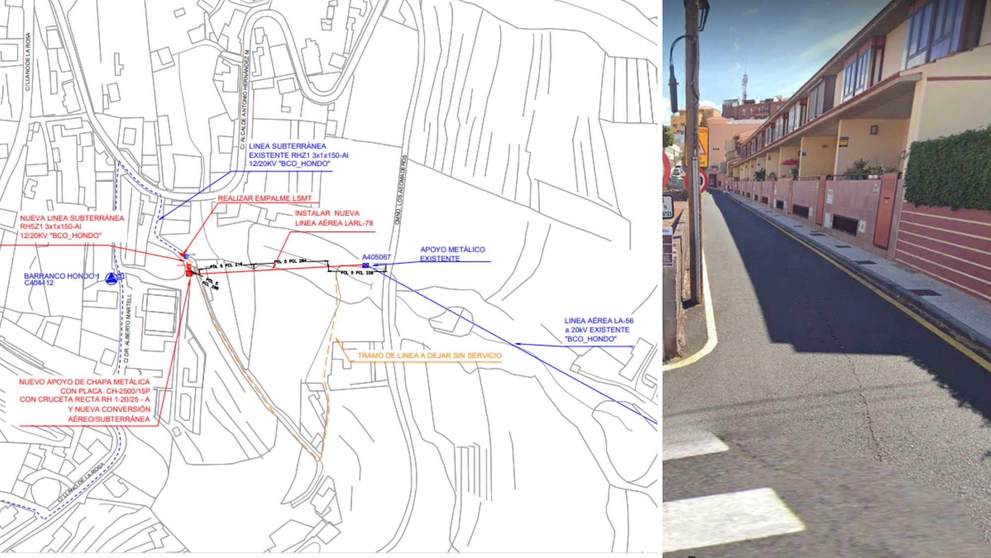 Nuevo trazado del proyecto de Endesa de dos líneas en el pueblo de Barranco Hondo, en Candelaria, y la calle a la que afectará. / PROYECTO -GOOGLE MAPS