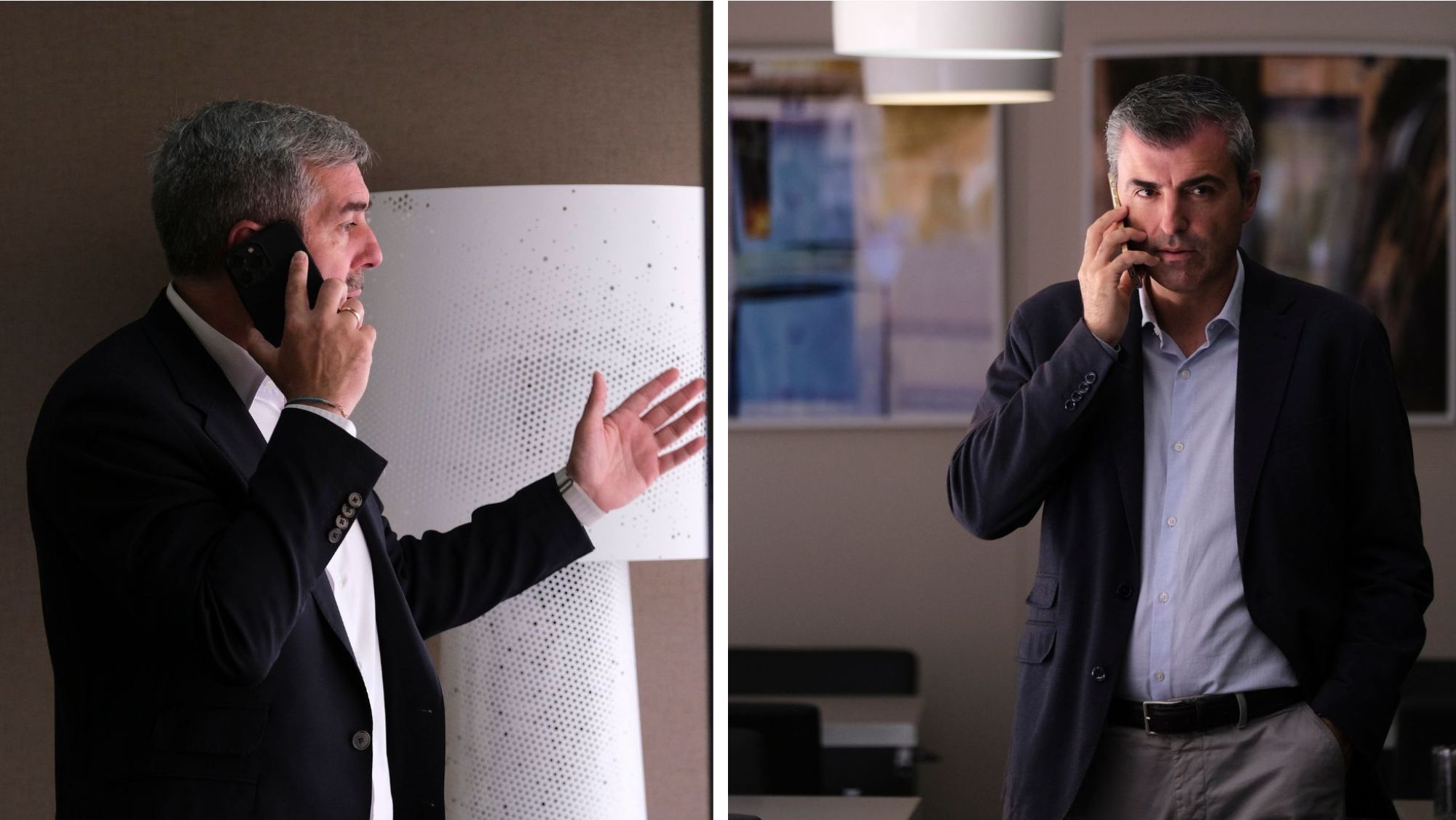 Fernando Clavijo (CC) y Manuel Domínguez (PP) dialogan a través de sus móviles antes de sellar el pacto de gobernabilidad para Canarias. / FOTOS: ÁNGEL MEDINA A.-EFE