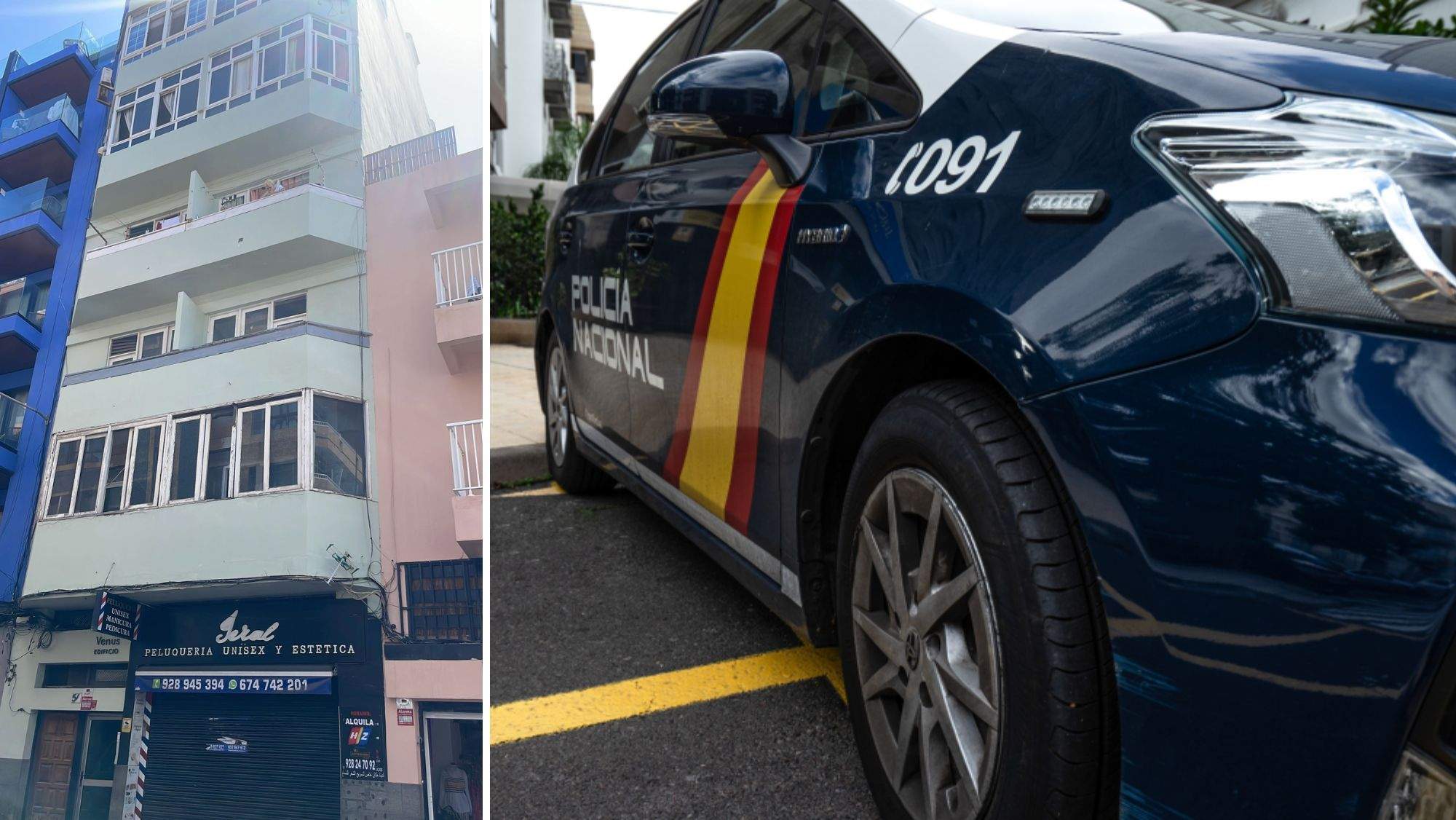 Edificio donde ha sido hallada el cuerpo de la mujer en Las Palmas de Gran Canaria y un vehículo de la Policía Nacional / AH