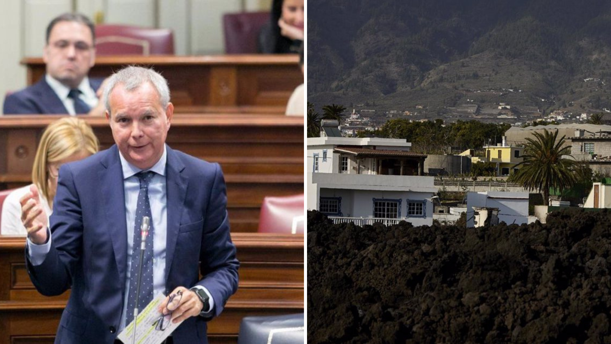 El consejero de Vivienda, Sebastián Franquis, y varias viviendas afectadas por el volcán de La Palma. / GOBIERNO DE CANARIAS-EUROPA PRESS 