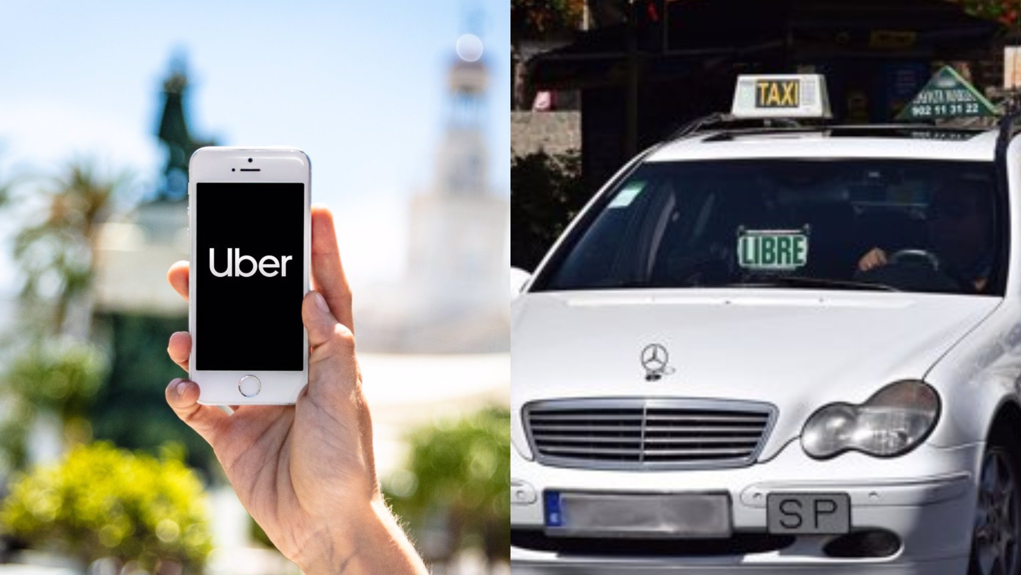 A la derecha una persona utilizando la aplicación de Uber y a la izquierda un taxi en Tenerife. / MONTAJE AH