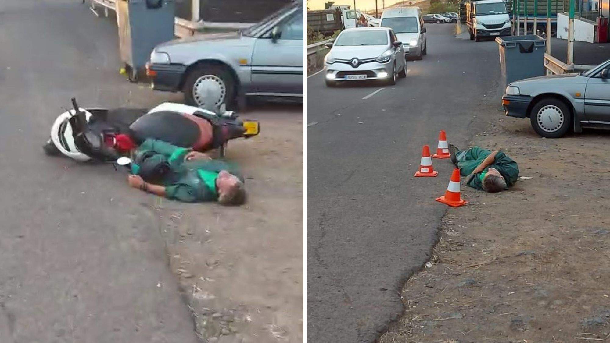 Imágenes donde se ve al hombre tras caer de la moto y rodeado de conos mientras duerme / AH Imágenes donde se ve al hombre tras caer de la moto y rodeado de conos mientras duerme / AH