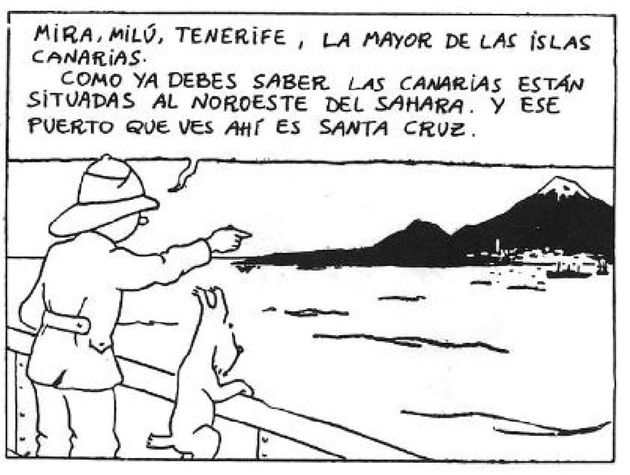 Viñeta completa de Tintín enseñando Tenerife a Milú / HERGÉ