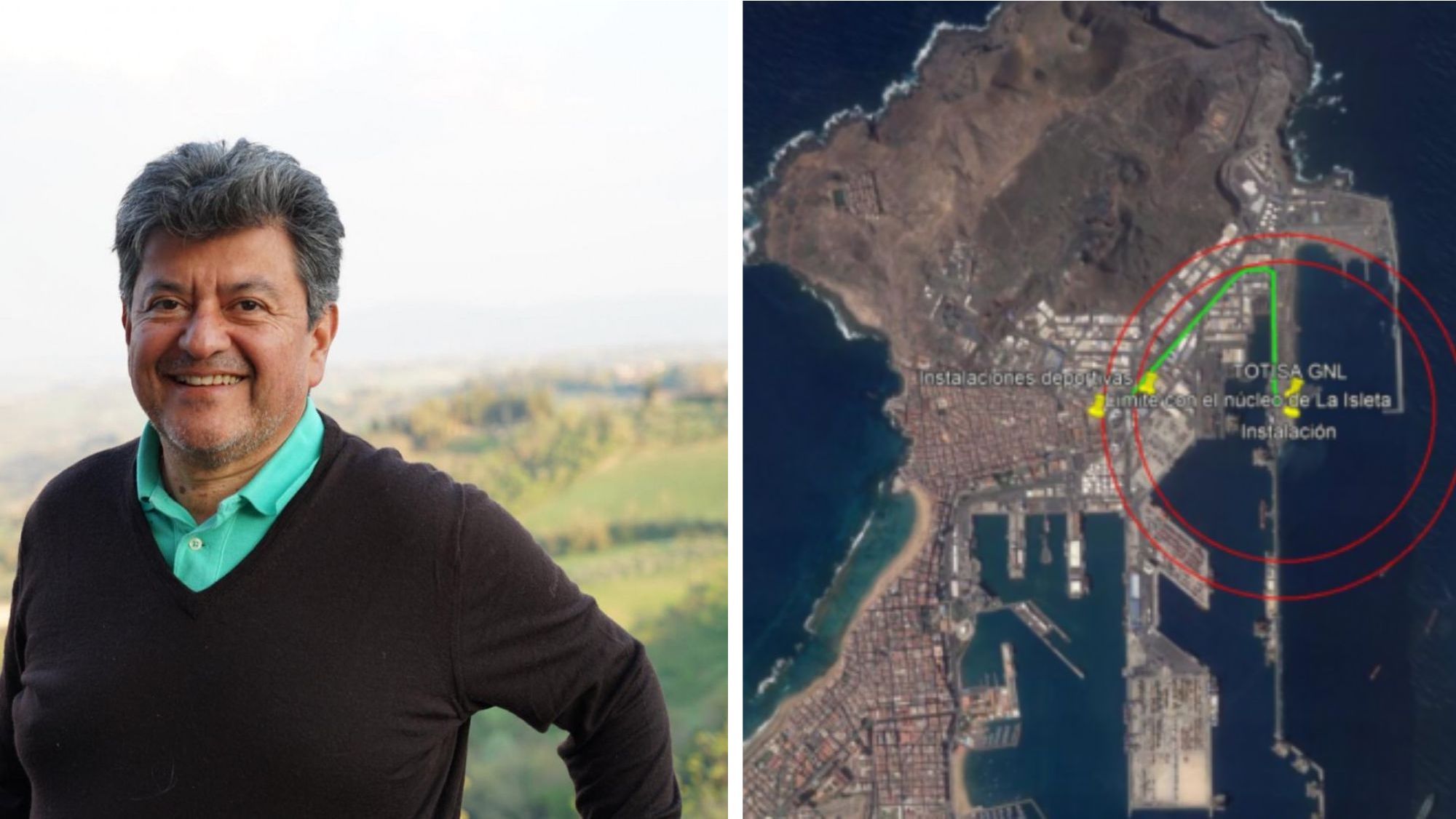 Alejandro Peñafiel, a la izquierda de la imagen, y el plano con la ubicación de la planta de gas de Totisa en el puerto de La Luz. / AH