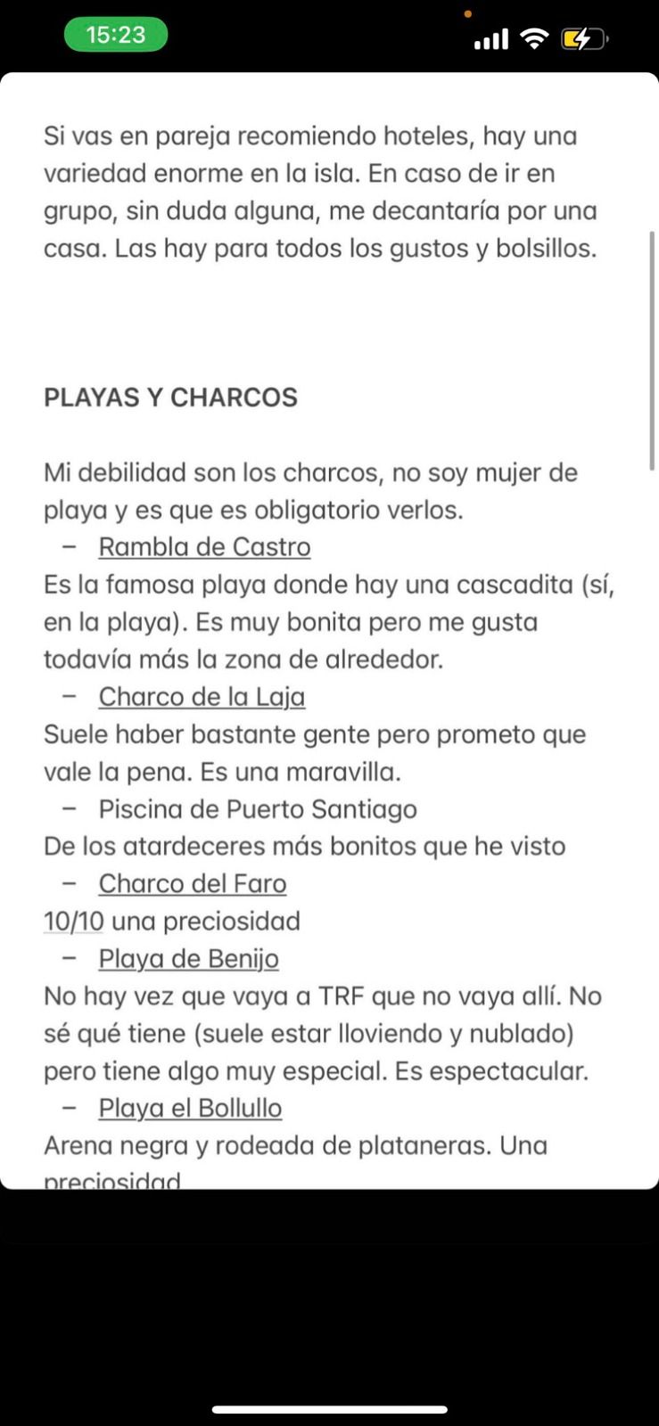 Pantallazo de la lista de playas y charcos que Raquel Raitx había recomendado en una historia de instagram./ REDES