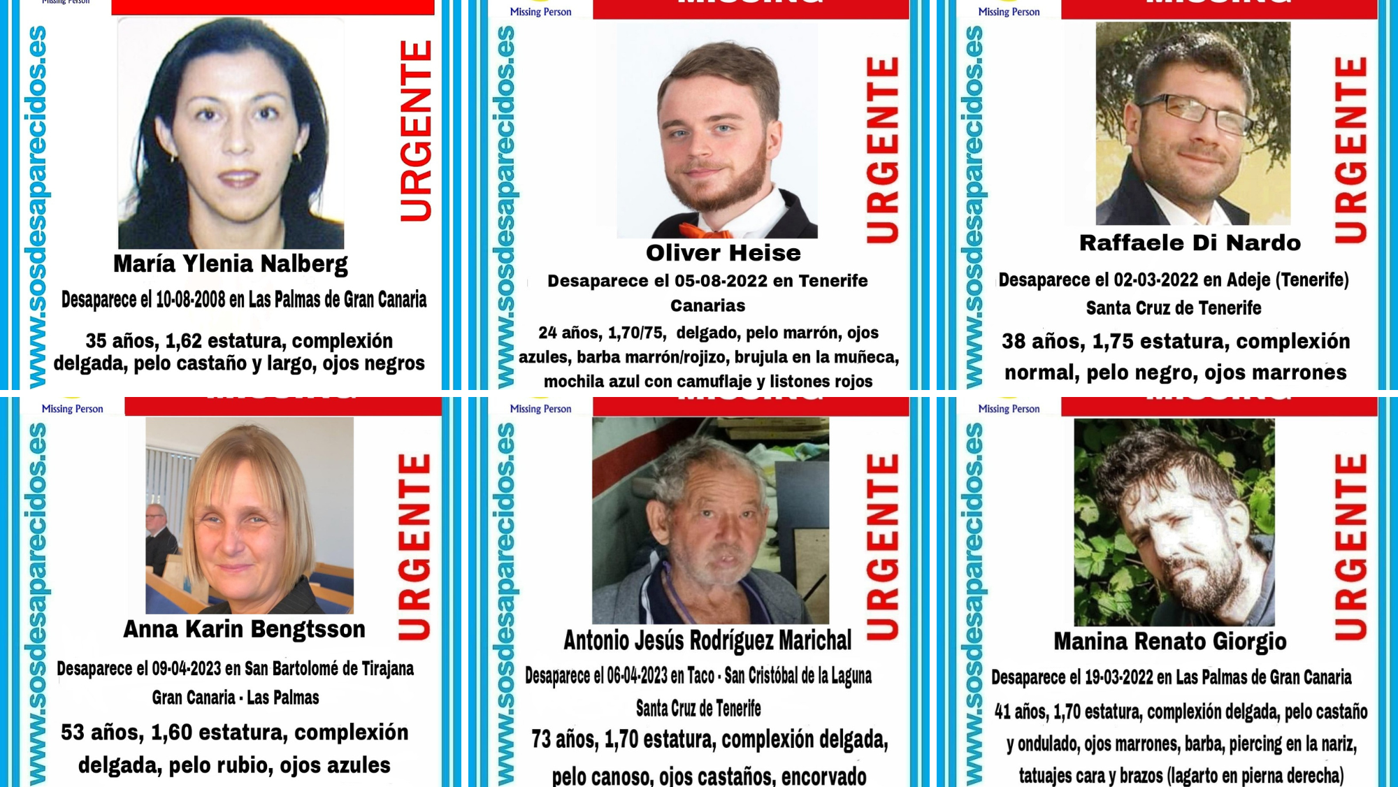 Carteles de personas desaparecidas publicadas recientemente por SOS Desaparecidos en Canarias.  AH