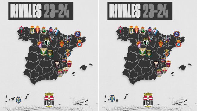 Mapa con el error y mapa con la rectificación de la ubicación del escudo del CD Tenerife / FC Cartagena