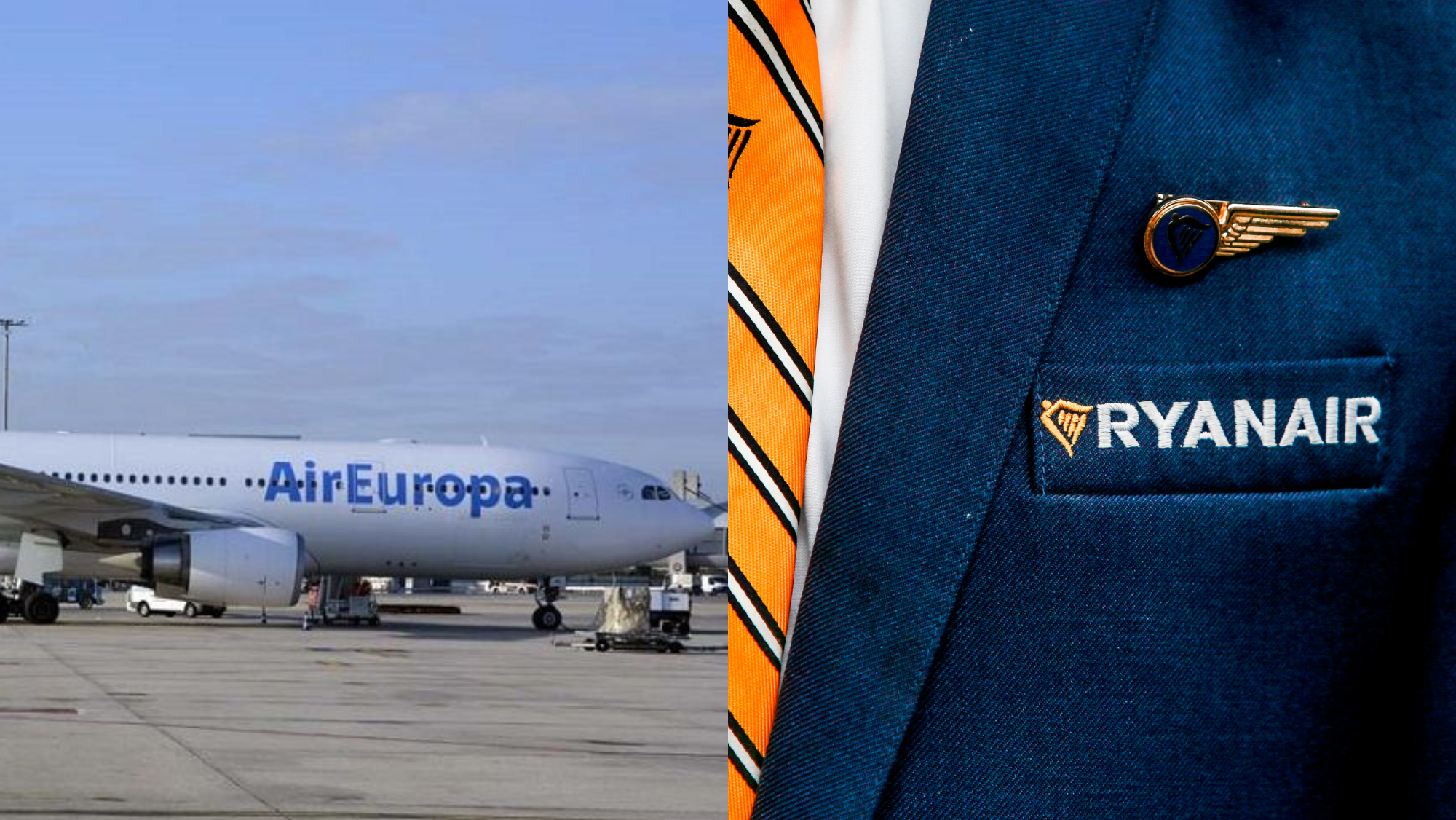 Composición de un avión de Air Europa junto a un azafata de la compañía Ryanair. / MONTAJE AH Composición de un avión de Air Europa junto a un azafata de la compañía Ryanair. / MONTAJE AH