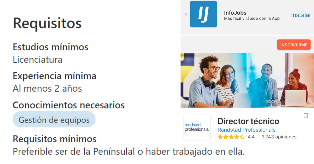 Anuncio publicado en InfoJobs que pide ser peninsular para trabajar en un centro deportivo en La Laguna./ INFOJOBS