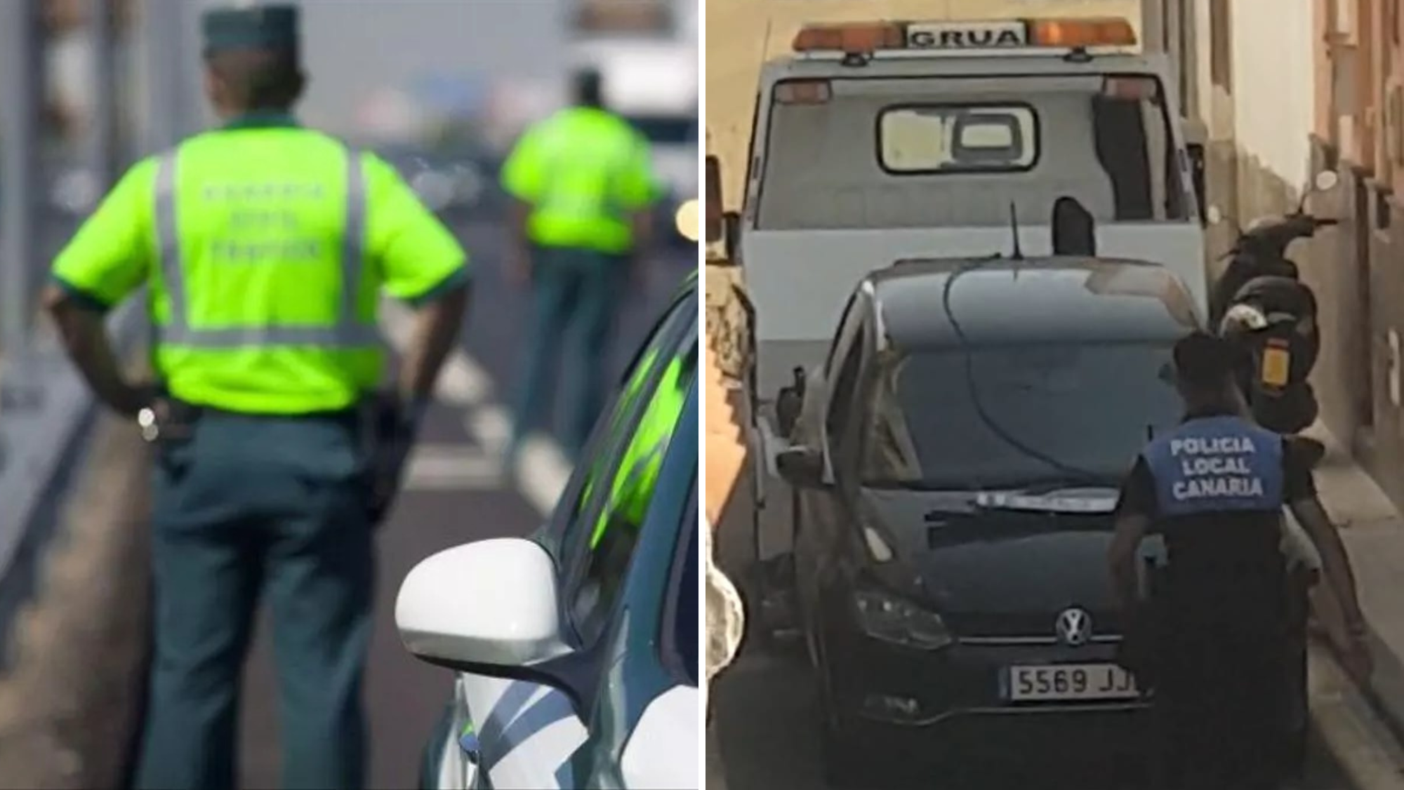 A la izquierda, un control de la Guardia Civil. A la derecha, el vehículo de la persona que arrolló a un agente en un control, siendo retirado por la grúa por estar mal estacionado./ MONTAJE ATLÁNTICO HOY