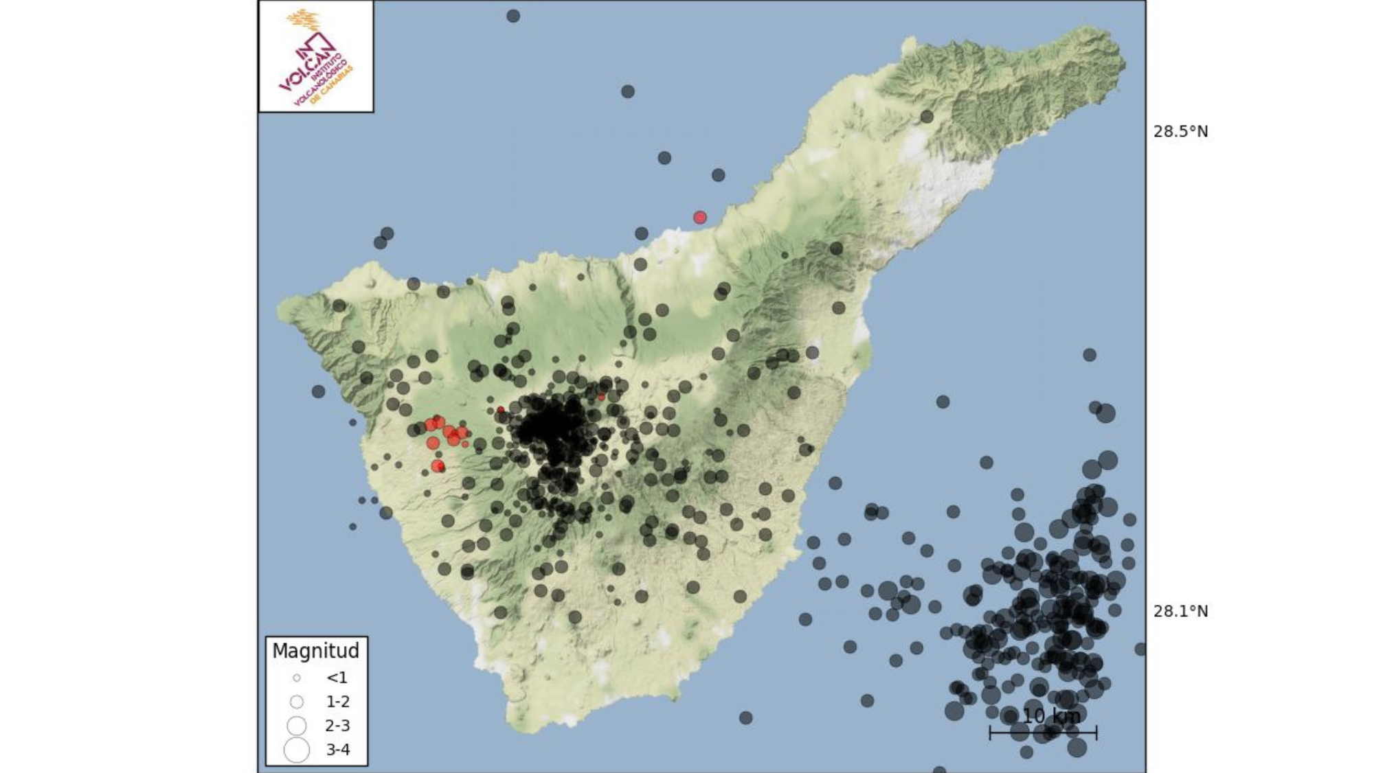 En rojo las localizaciones de los epicentros del enjambre sísmico de Santiago del Teide y su comparación con la sismicidad localizada en Tenerife desde el principio del 2023 (en negro)./ INVOLCAN