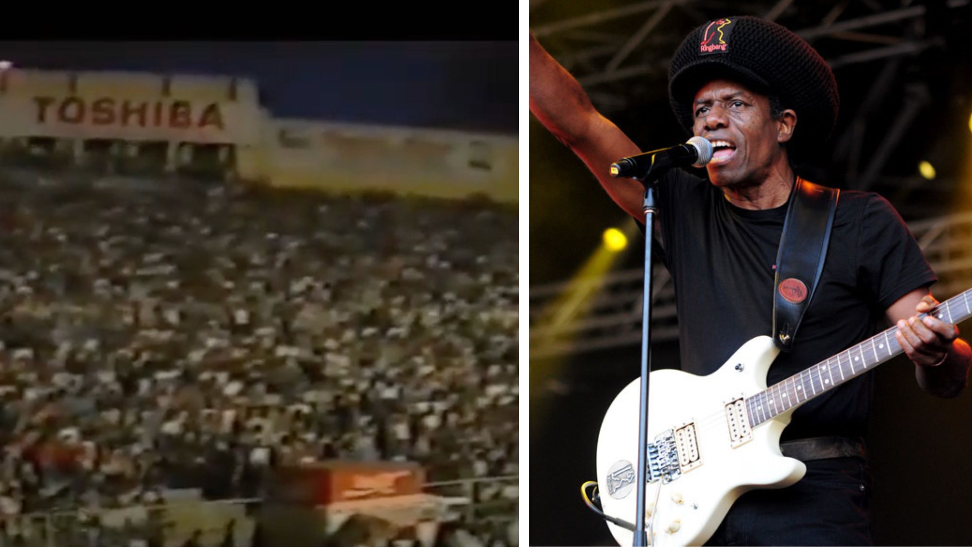 En la imagen, panorámica de la Grada Curva del Estadio Insular durante un concierto y una foto reciente de Eddy Grant. / AH
