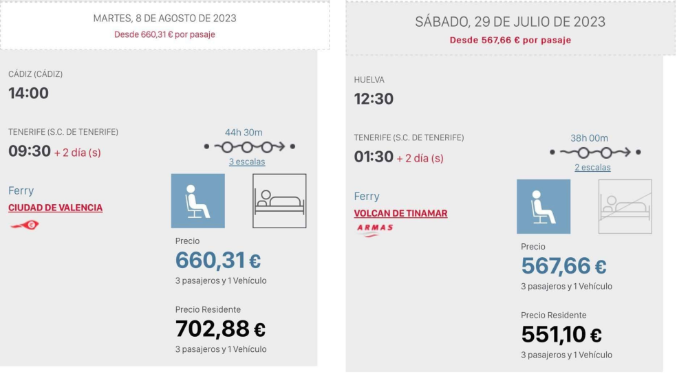 Capturas de pantalla de la usuaria Anna Beato en las que se aprecia que es más caro viajar como residente desde Cádiz a Tenerife./ ANNA BEATO