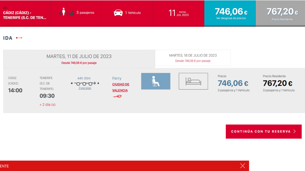Búsqueda realizada por Atlántico Hoy para la línea Cádiz-Canarias de Naviera Armas-Trasmediterránea en la que el coste es mayor con el descuento de residente./ AH