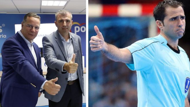 A la izquierda, Poli Suárez y Manuel Domínguez; a la derecha, Ángel Sabroso durante su etapa como árbitro internacional. / AH