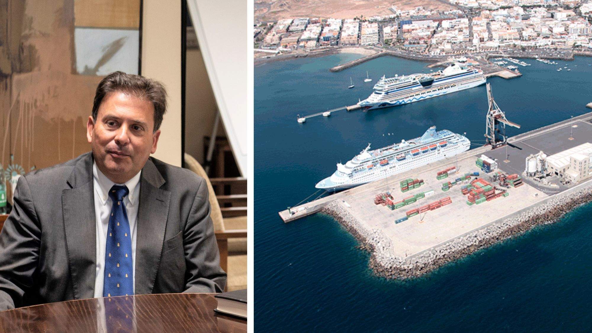 A la izquierda, Luis Ibarra, presidente de la Autoridad Portuaria de Las Palmas, investigado por un presunto delito de prevaricación al favorecer a Naviera Armas en el muelle de Puerto del Rosario (imagen de la derecha). / AH