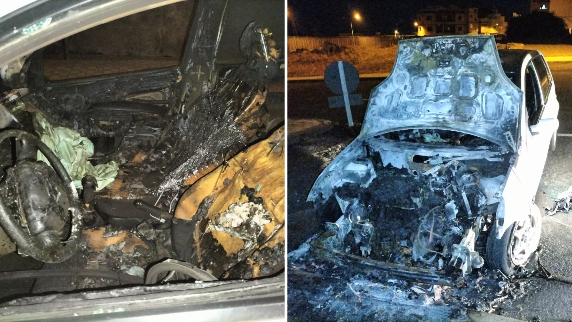 Un vehículo quemado en el barrio de Las Delicias, cercano a la carretera general del Rosario, en Santa Cruz de Tenerife./ AH