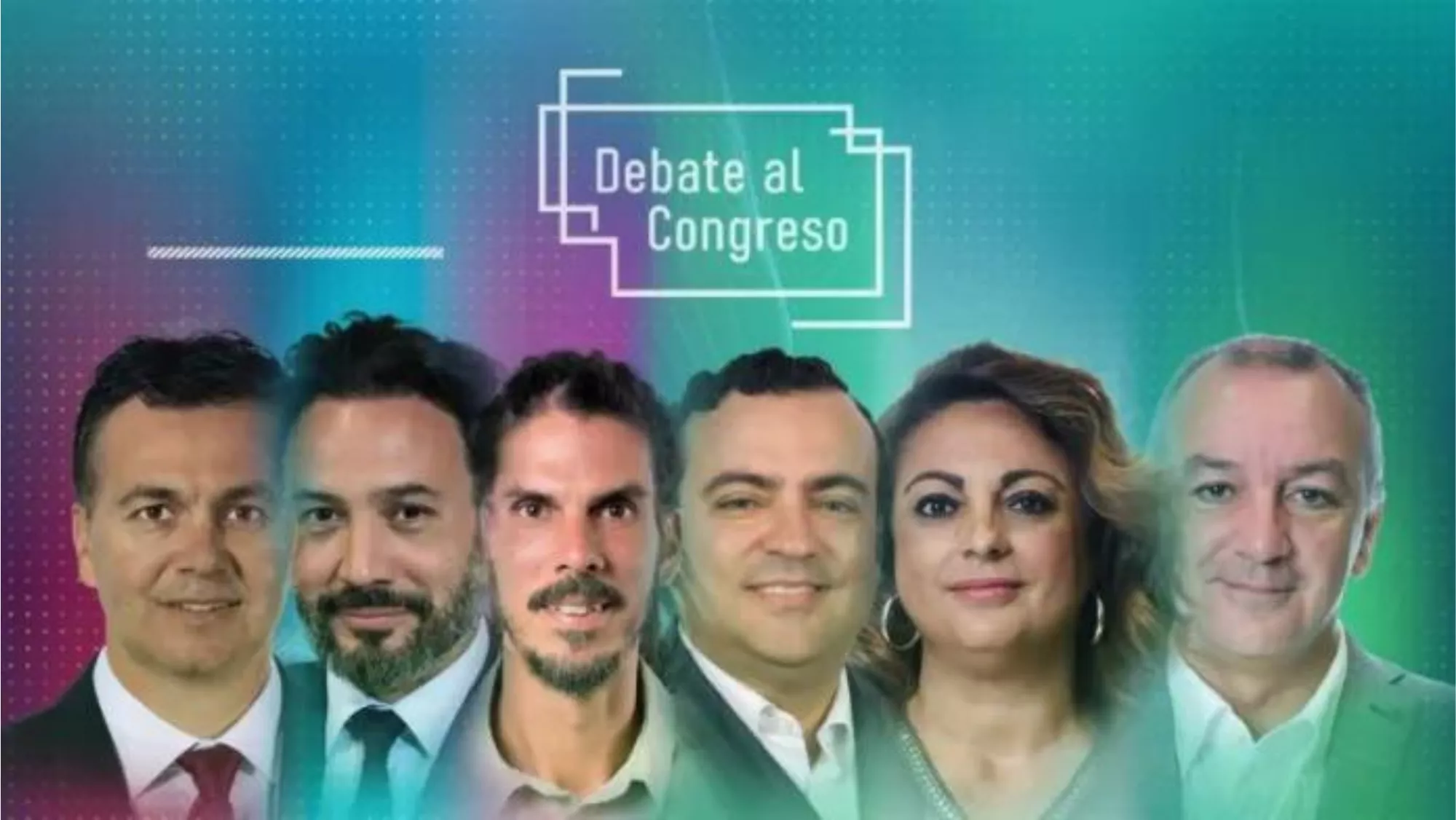 Héctor Gómez (PSOE), Guillermo Mariscal (PP), Alberto Rodríguez (Sumar), Alberto Rodríguez (Vox), Cristina Valido (CC) y Luis Campos (NC) participaron este martes en el debate organizado por Televisión Canaria para el 23-J. / RTVC