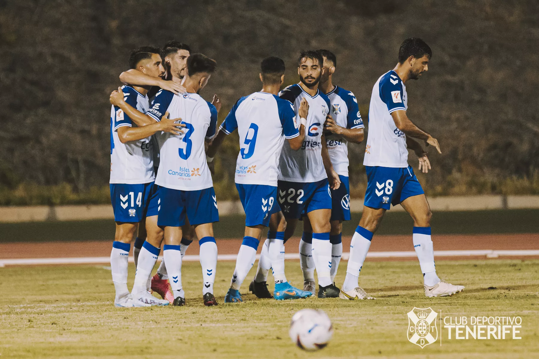 Los jugadores del CD Tenerife celebran con Waldo Rubio el único gol del partido./ CDT Sandra Acosta.
