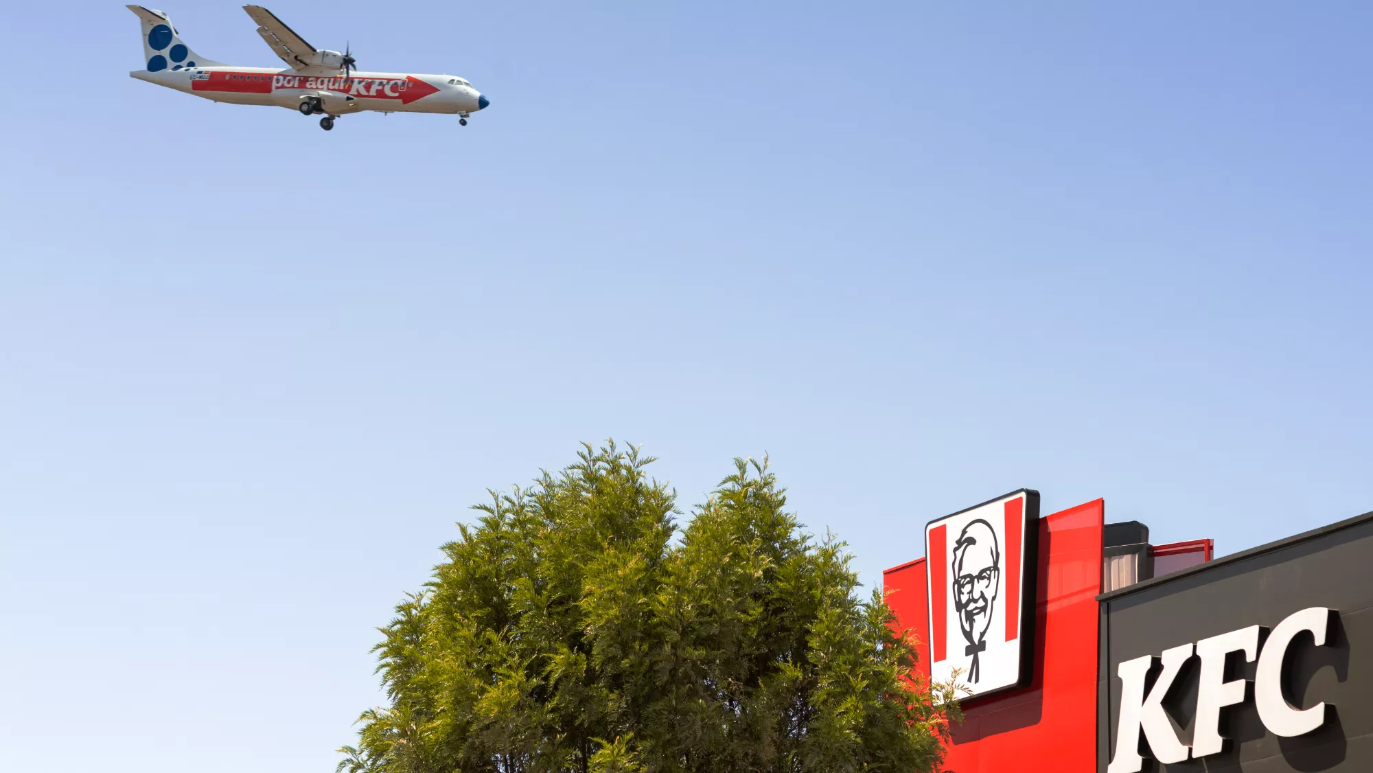 El avión de Canary Fly vinilado por KFC señalando el nuevo local de la cadena en La Laguna./ CEDIDA