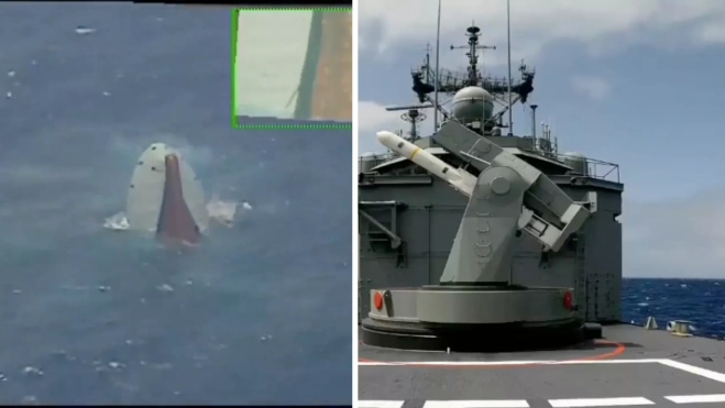 A la derecha, el misil 'Harpoon' antes de ser lanzado; a la izquierda, la popa del 'Martín Posadillo' aún sobresale antes de hundirse por completo. / ARMADA ESPAÑOLA