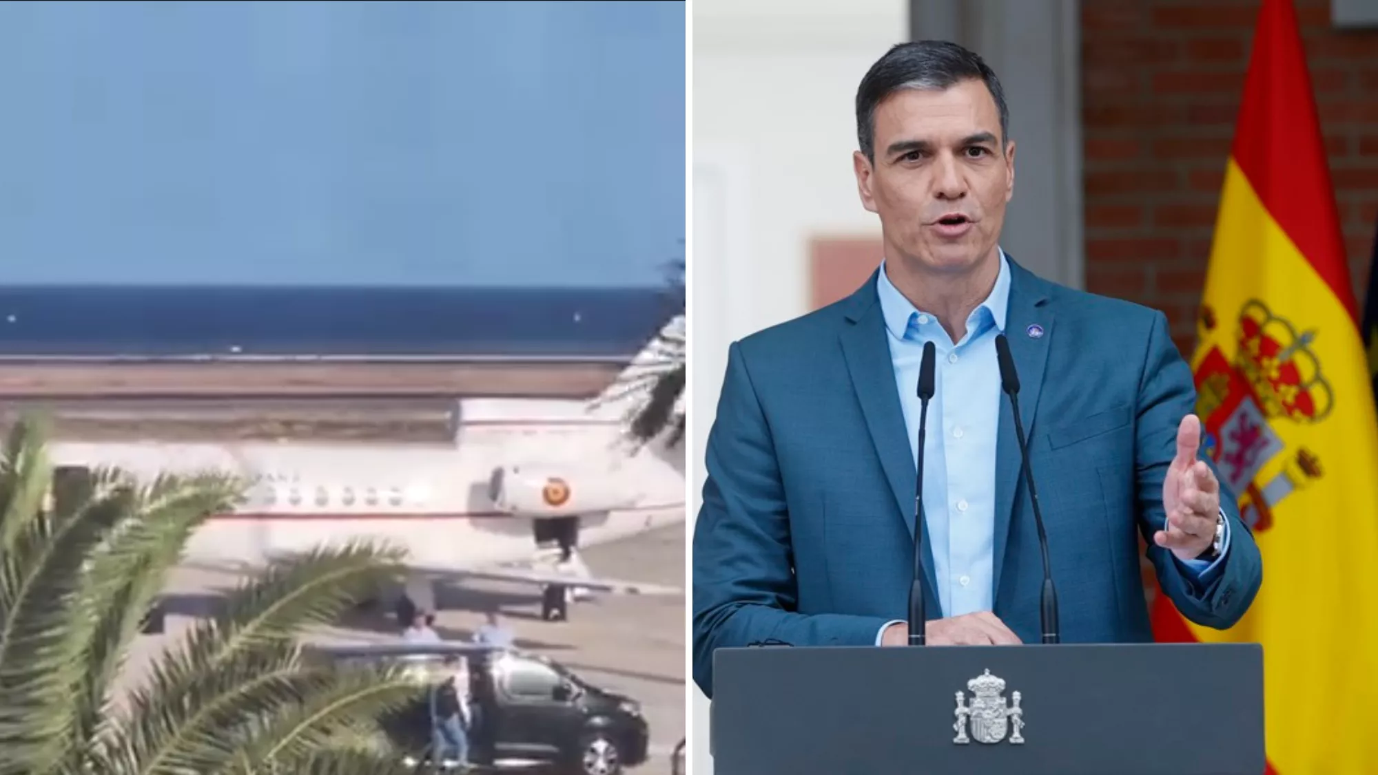 A la izquierda, Pedro Sánchez a los pies del Falcon en Lanzarote. A la derecha, una imagen suya de archivo./ MONTAJE AH