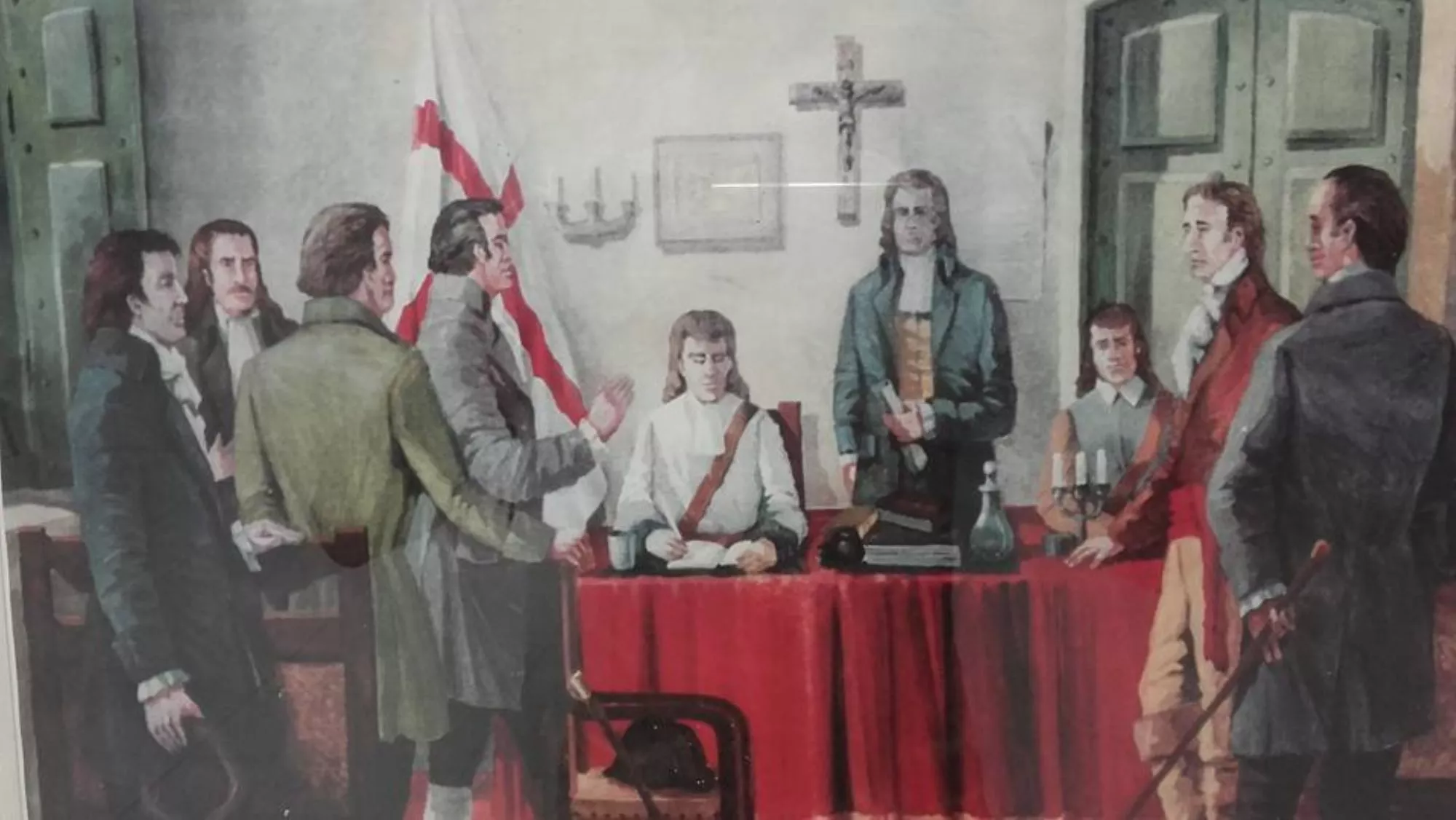 Representación en pintura de la constitución del primer Cabildo de Montevideo con José de vera Perdomo, en el centro, como primer alcalde /  ARCHIVO