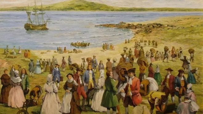 Llegada de los primeros pobladores, procedente de Canarias, a bordo del Buque Nuestra Señora de la encina el 19 noviembre de 1726 / ÓLEO EDUARDO AMEZAGA