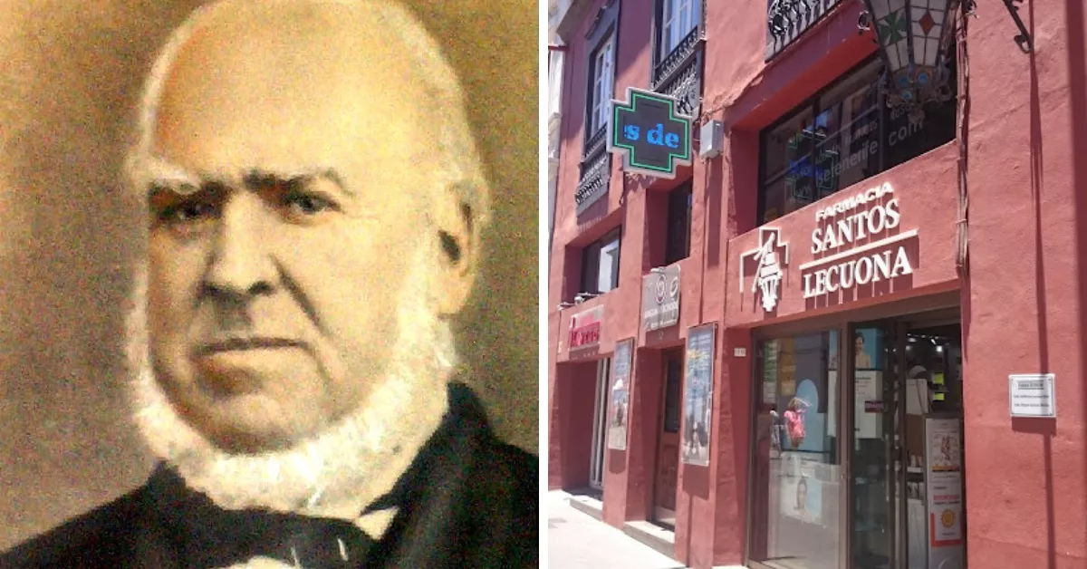 La farmacia Santos-Lecuona y su fundador, Leodegario Santos./ CEDIDAS
