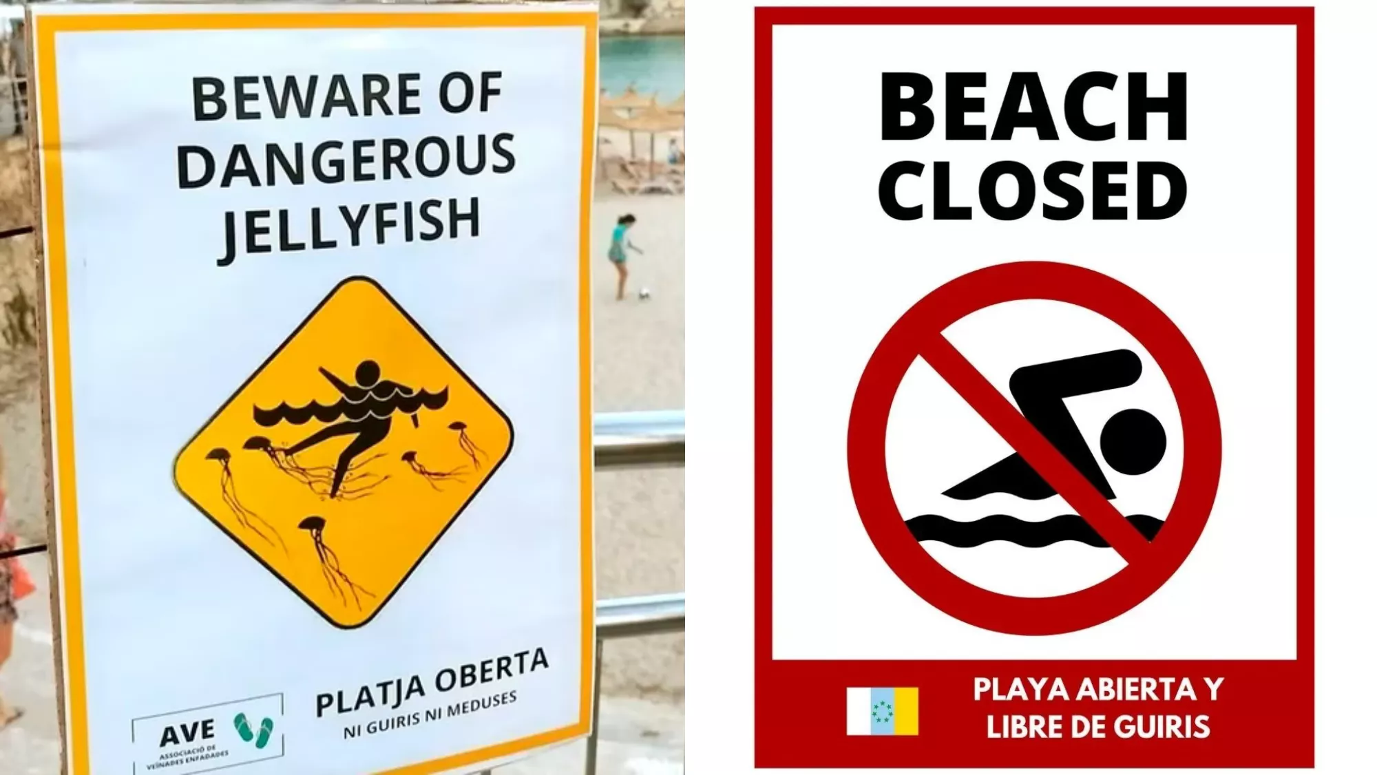 A la izquierda, un cartel para despistar a los turistas en Mallorca. A la derecha, la propuesta para Canarias de un activista tinerfeño./ MONTAJE AH