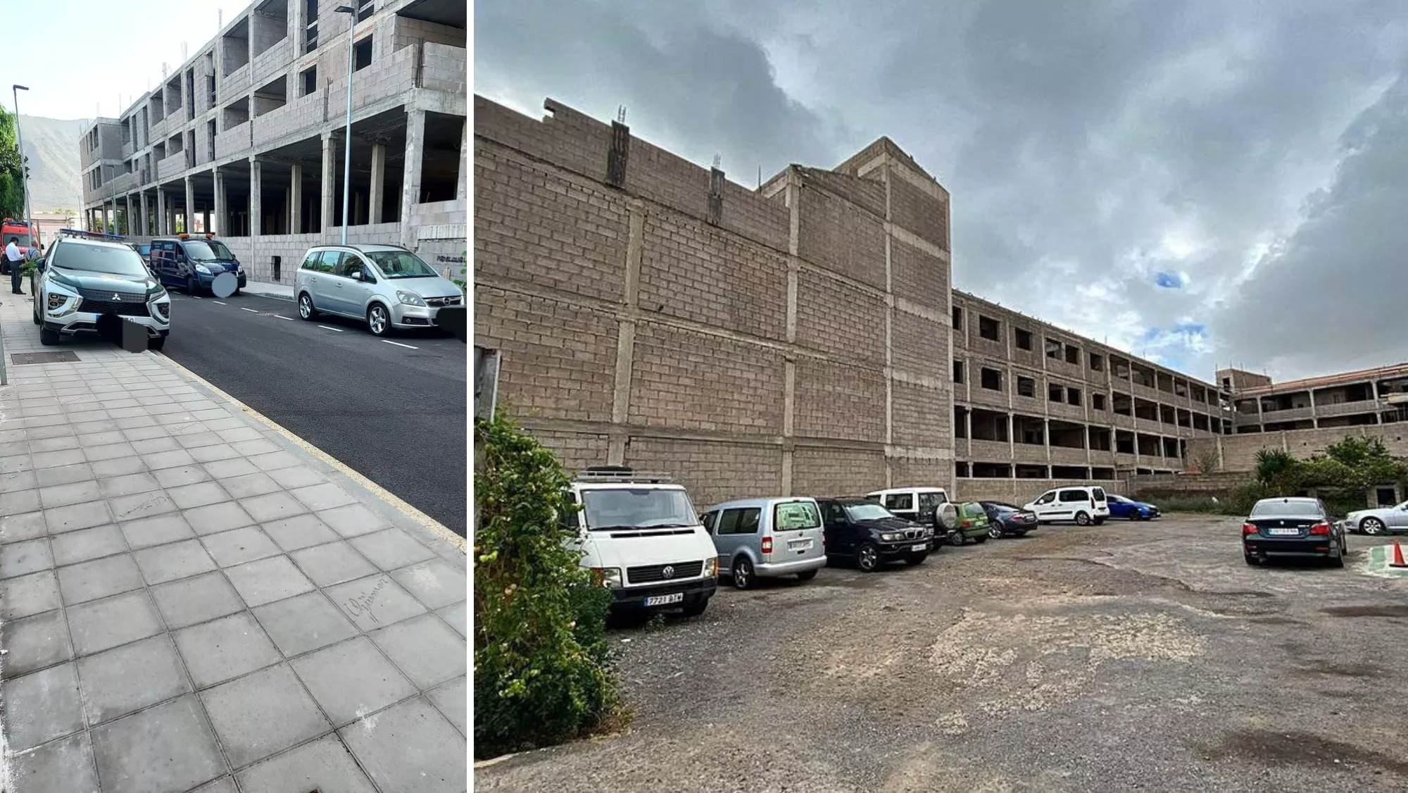 A la izquierda, la Guardia Civil y los servicios funerarios acuden al edificio Los Aguacates, en Güímar, para levantar un cadáver. A la derecha, una vista panorámica del edificio en 2021./ MONTAJE AH