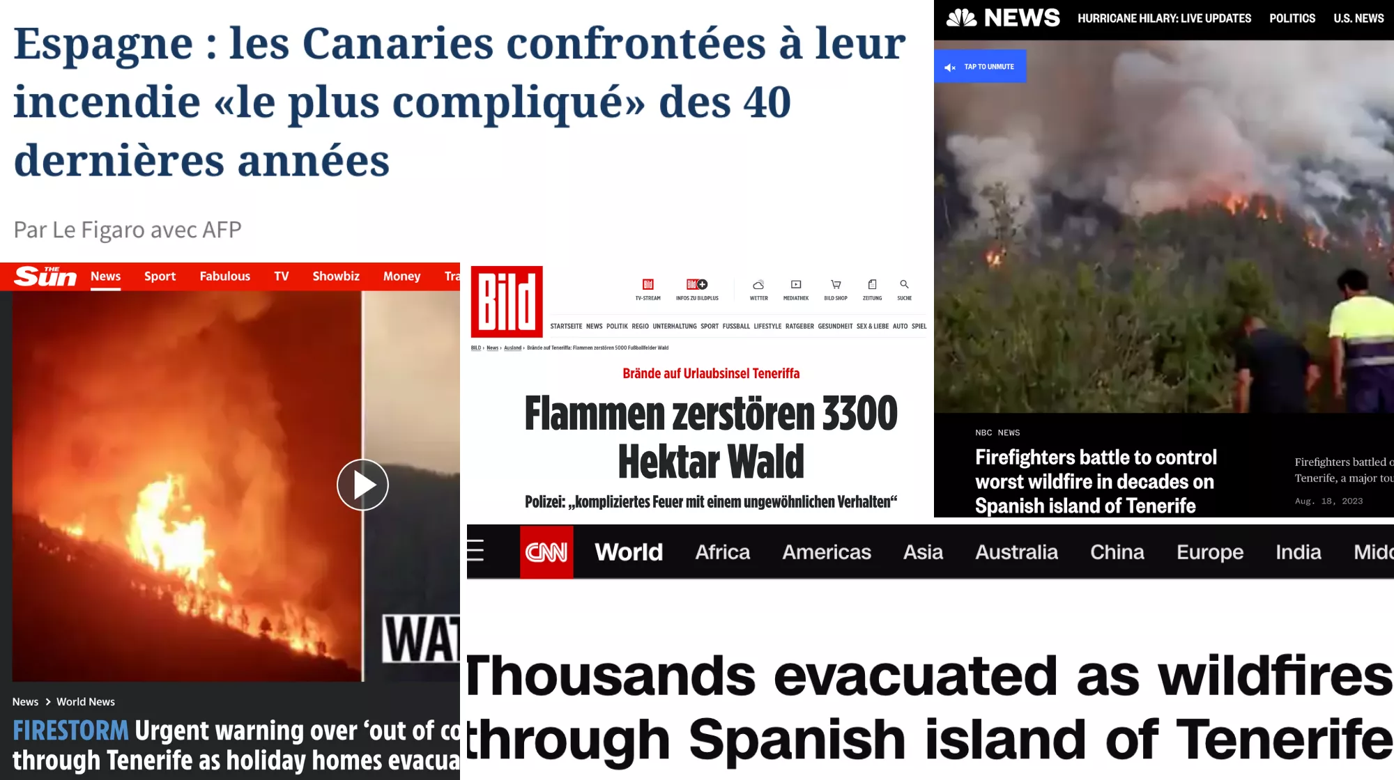 Recortes de diferentes medios internacionales informando sobre el incendio de Tenerife./ AH