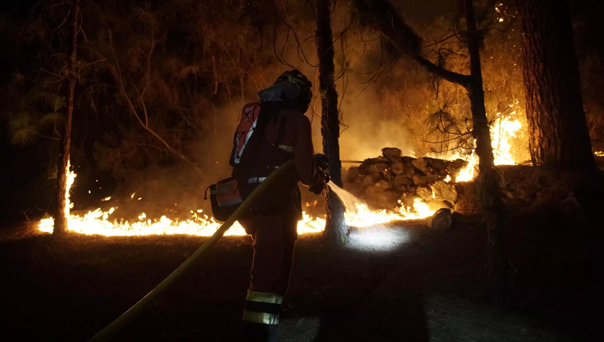 Miembros de la Unidad militar de emergencias (UME) trabajan en labores de extinción del incendio forestal de la isla de Tenerife./ EFE/UME