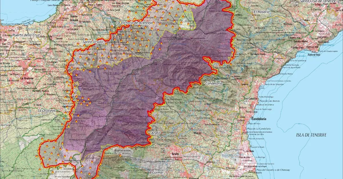 Mapa actualizado al sábado 19 de agosto de la situación del incendio en Tenerife./ @eforestal, IGN.