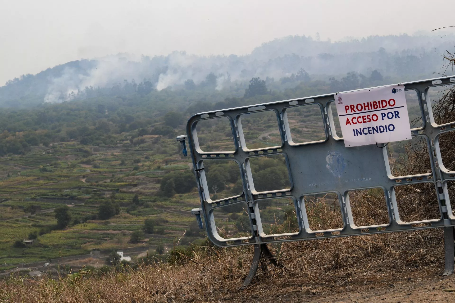 Cartel que impide el paso a una zona del norte de Tenerife por el incendio que azota la isla y que ha obligado a desalojar a miles de personas./  EFE/Alberto Valdés