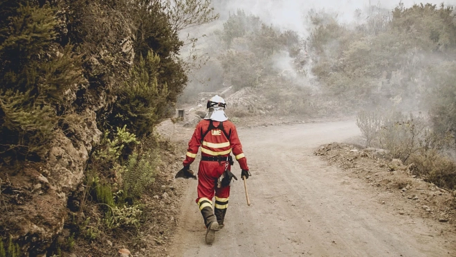 Un bombero de la UME camina por una pista forestal en uno de los frentes del incendio de Tenerife./ UME/EFE