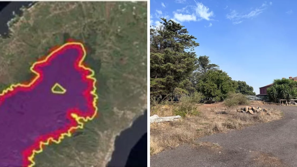 Imagen del perímetro del fuego con un pequeño triángulo verde, justo en la Finca Don Leandro de Las Lagunetas, donde el incendio no llegó./ CEDIDAS Imagen del perímetro del fuego con un pequeño triángulo verde, justo en la Finca Don Leandro de Las Lagunetas, donde el incendio no llegó./ CEDIDAS