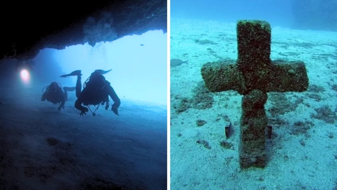 Imagen de submarinistas en la Cueva de Los Camarones y la cruz de la entrada / DIVING ATLANTIS