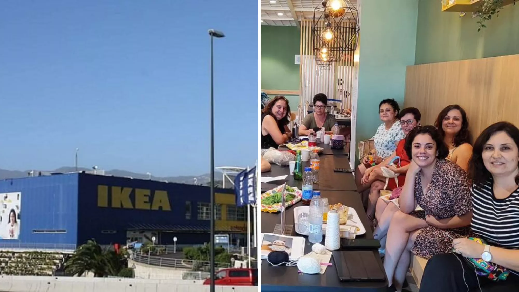 Parte del grupo de tejedoras de Tenerife haciendo ganchillo en el Ikea de La Laguna./ MONTAJE AH