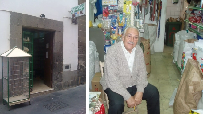 A la derecha, Manuel Suárez Jaime, fundador de la Pajarería El Canaricultor. A la derecha, fachada del negocio. / AH