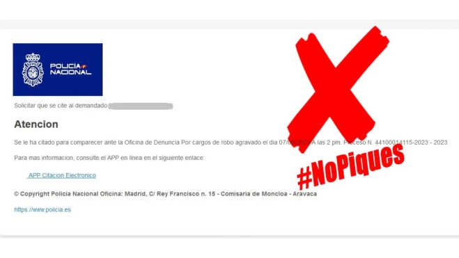 Ejemplo del correo falso que reciben las víctimas de esta campaña de ciberdelincuencia / POLICÍA NACIONAL Ejemplo del correo falso que reciben las víctimas de esta campaña de ciberdelincuencia / POLICÍA NACIONAL