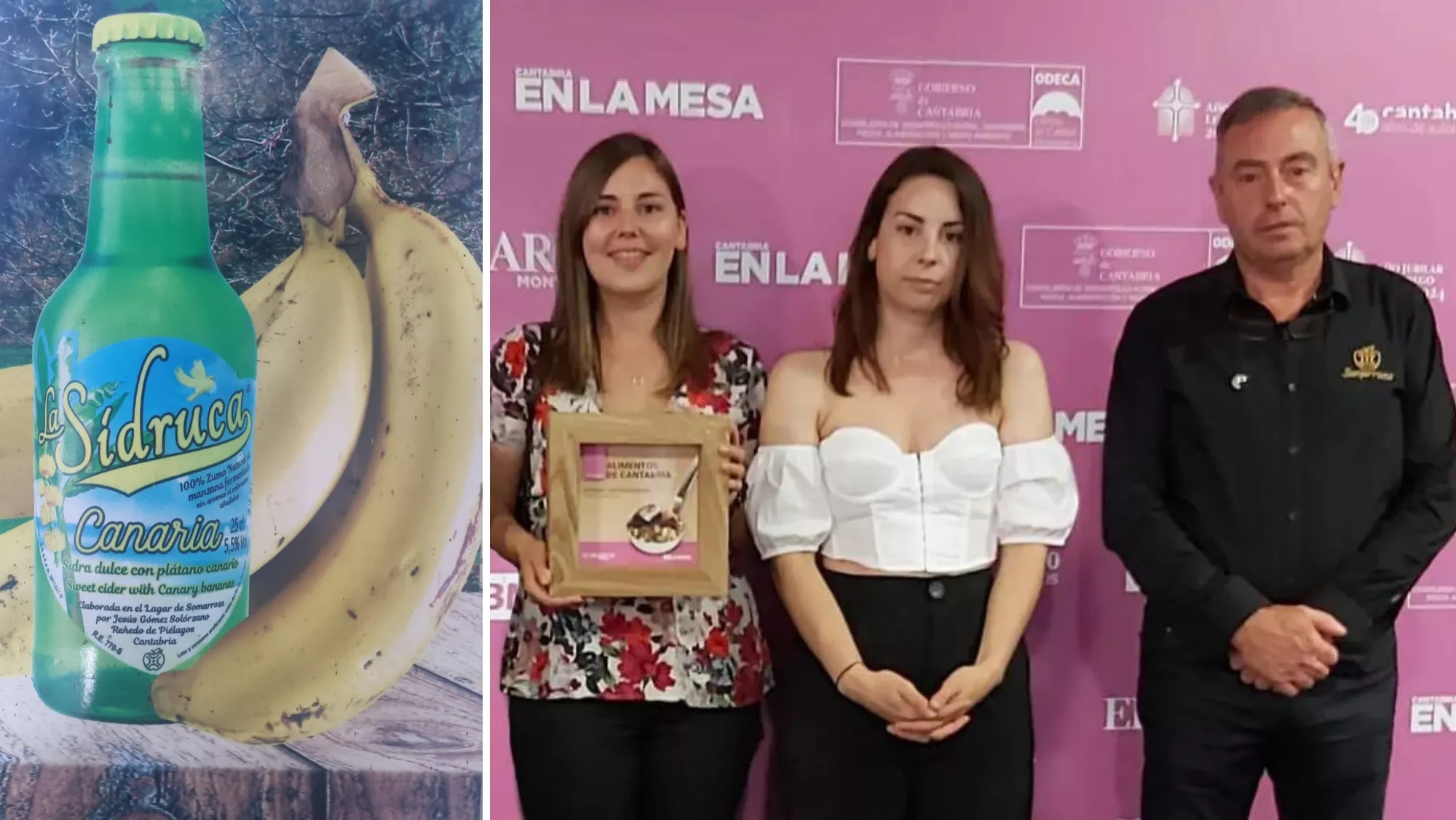 A la izquierda, una 'Sidruca canaria'. A la derecha, las hermanas Lucía y Cecilia Gómez Prieto y su padre, Jesús Gómez Solórzano, familia al frente de la productora de sidra Somarroza, en Cantabria./ CEDIDAS