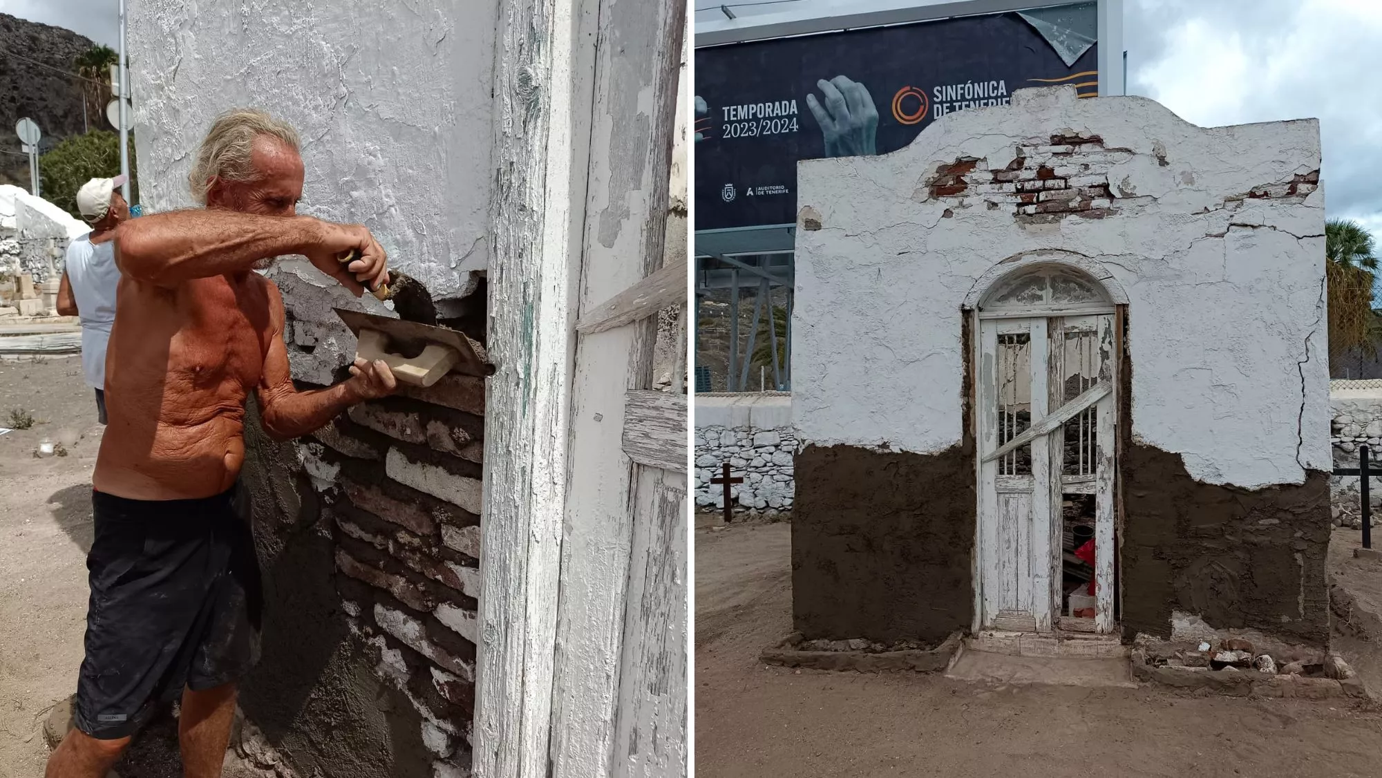 Un albañil realiza trabajos de mantenimiento en la capilla del cementerio de San Andrés, que sale en la otra imagen / AH Un albañil realiza trabajos de mantenimiento en la capilla del cementerio de San Andrés, que sale en la otra imagen / AH