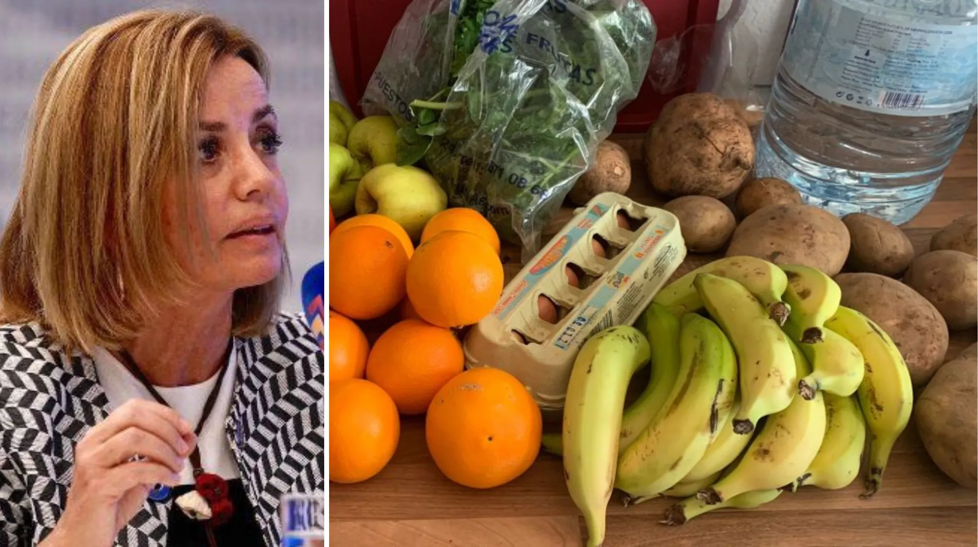 La nueva directora general de Energía del Gobierno de Canarias, Ana Zurita, y productos básicos de la cesta de la compra./ TWITTER