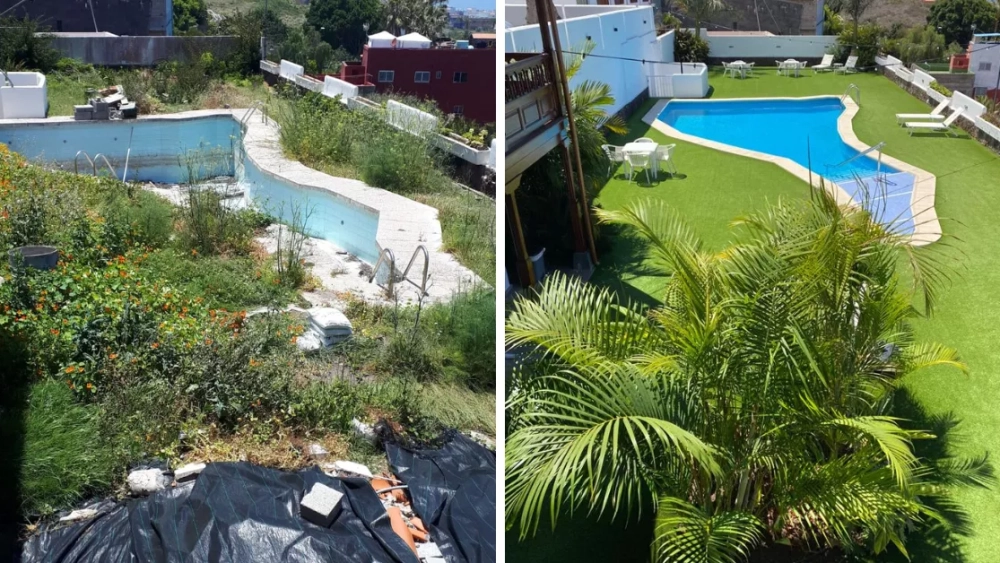 Estado de abandono de la piscina de Bodegas Linaje del Pago en 2018 y estado actual tras ser reformada./ CEDIDAS