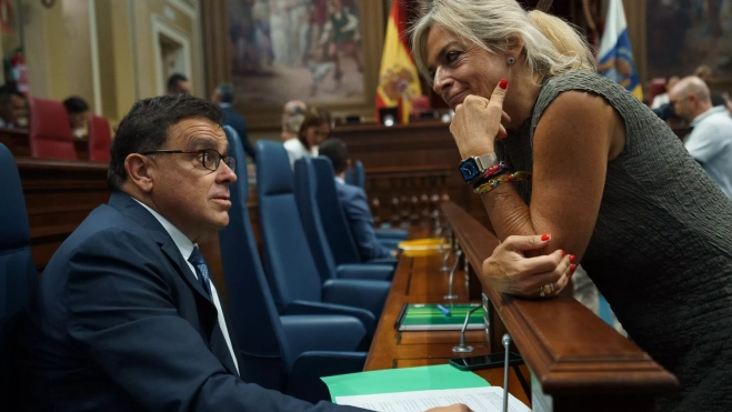 Esther Monzón, consejera de Sanidad, dialoga con Manuel Miranda, consejero de Política Territorial, en el Parlamento de Canarias