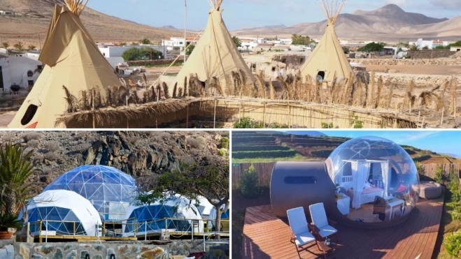 Imagen de tres glampings de Canarias / MONTAJE AH Imagen de tres glampings de Canarias / MONTAJE AH