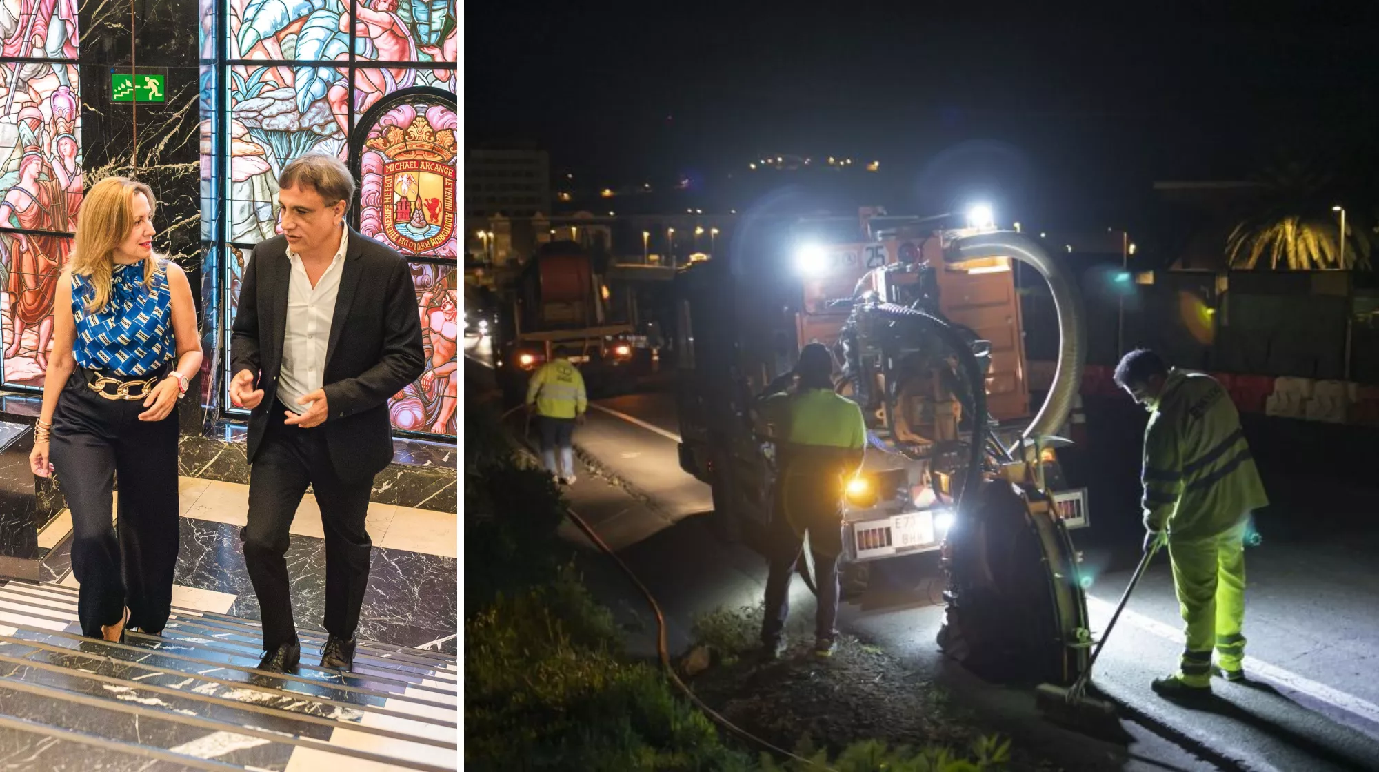 La presidenta del Cabildo de Tenerife, Rosa Dávila, y el alcalde de Garachico, José Heriberto González. A la derecha, obras pasadas en el anillo insular./ CEDIDAS