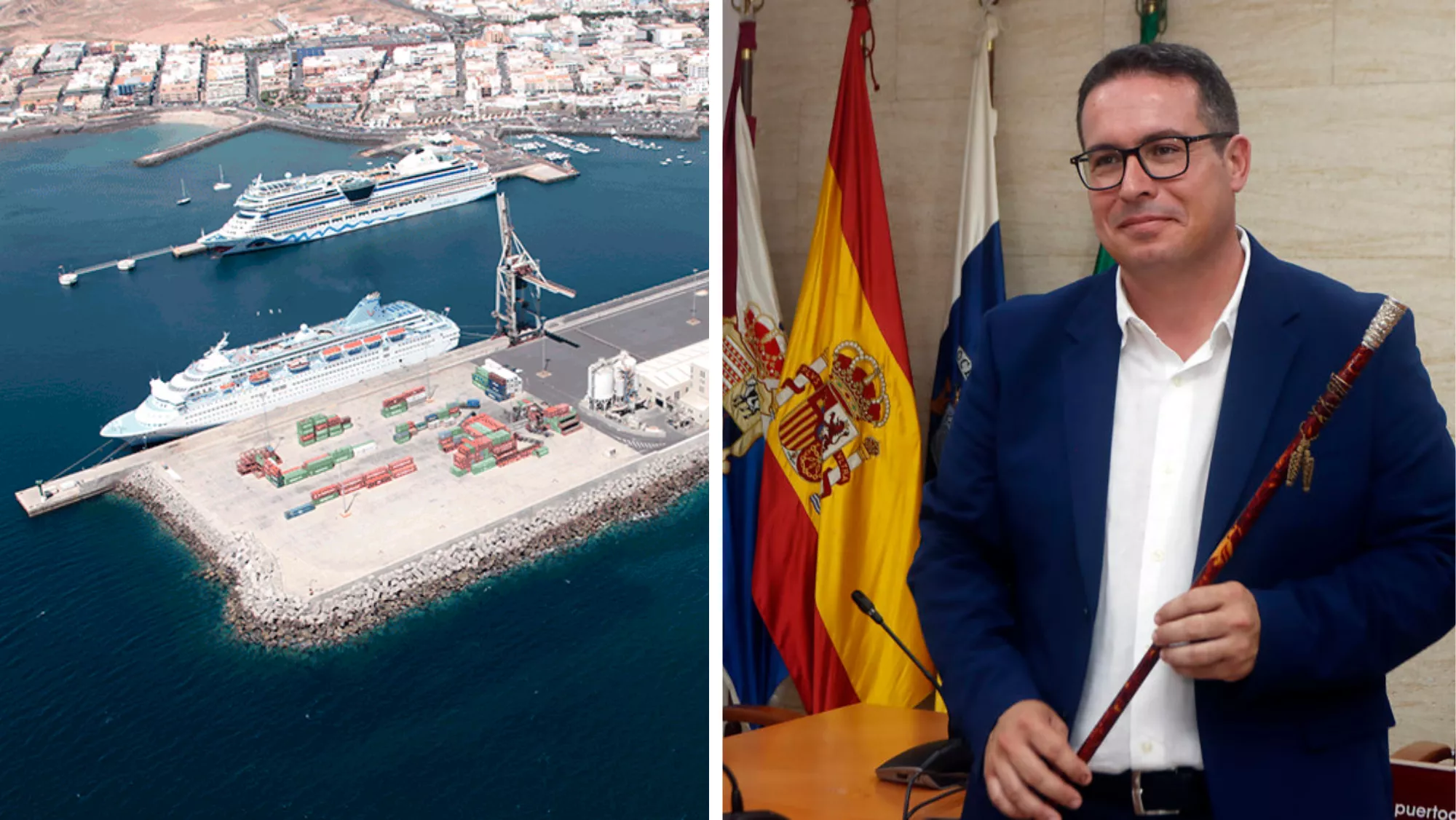 A la izquierda, muelle de Puerto del Rosario; a la derecha, David de Vera, alcalde de la capital de Fuerteventura. / AH